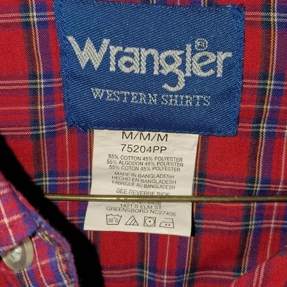 Vintage Wrangler Western Medium Red Plaid Pearl Snap Long Sleeve Shirt Size M - Picture 2 of 8